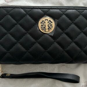 NWT Vegan Black quilted gold logo two zipper wristlet wallet, size 7โx4โ, chic